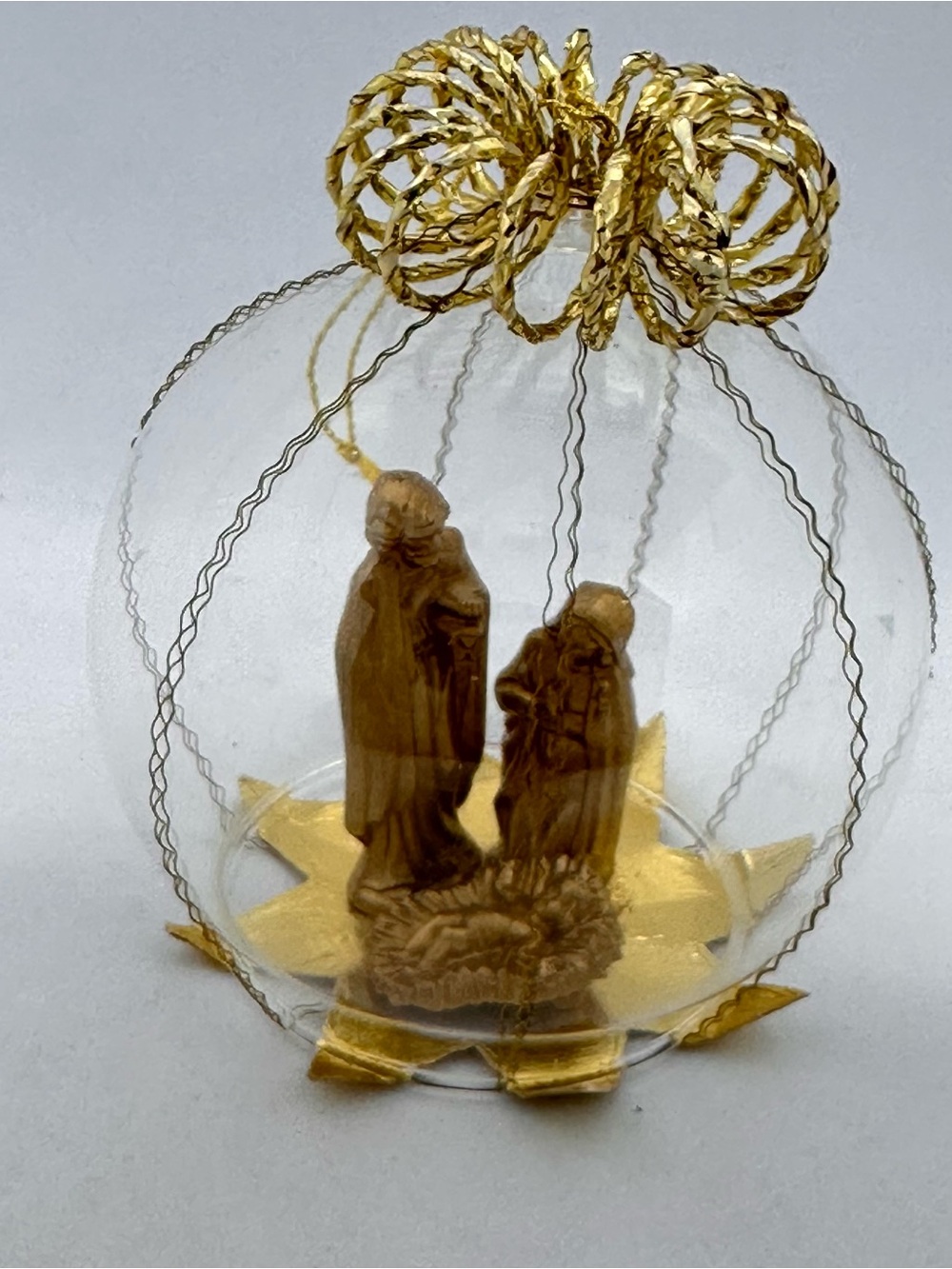 VTG Gold Embellished Clear Plastic Ornament Jesus Mary Joseph 3.5” West Germany